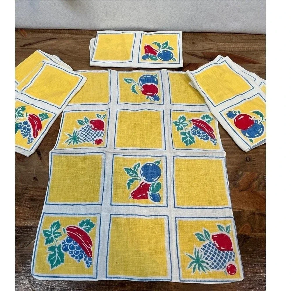 Fruit Print Linen Set of 6 Yellow Blue Red Retro MCM‎ Table Decor Vintage 15x11